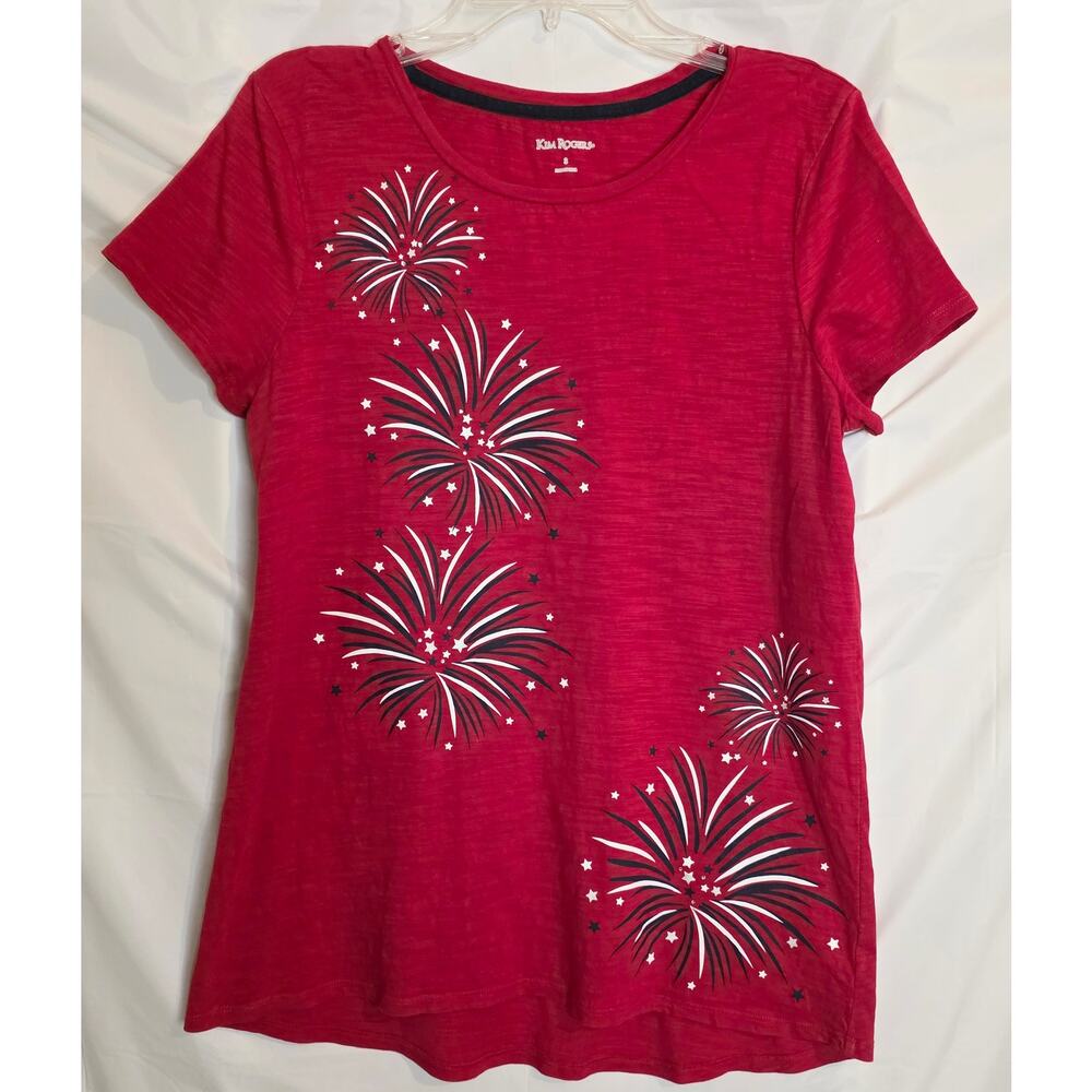 Kim Rogers Tee Women's Size S Red White Blue Patriotic Fireworks Sparkle